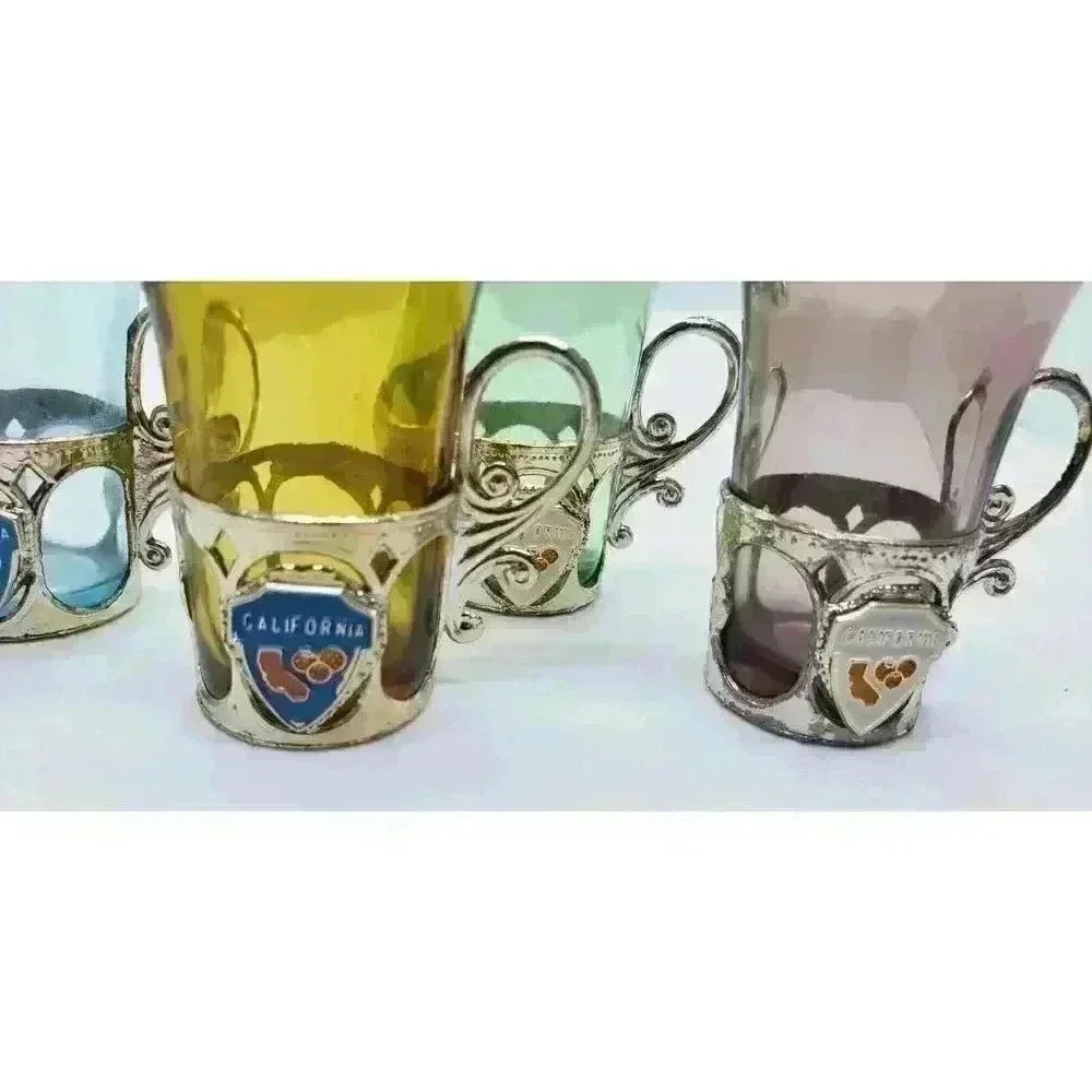 Vintage California Souvenir Shot Glasses Silver Handled Holders Set Of 4 1950s